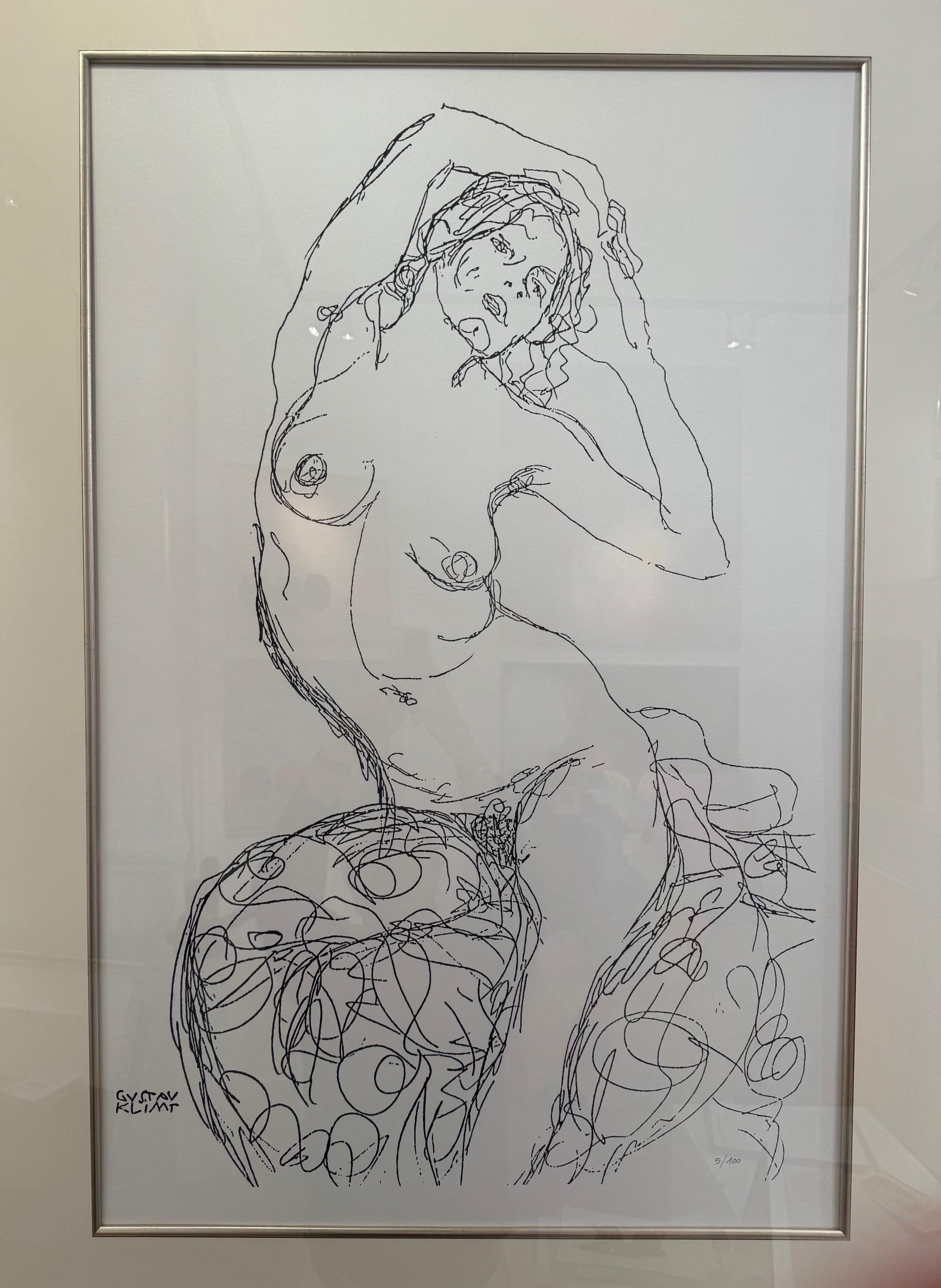 Sitting Nude - Female nude after the original drawing of Gustav Klimt art deco