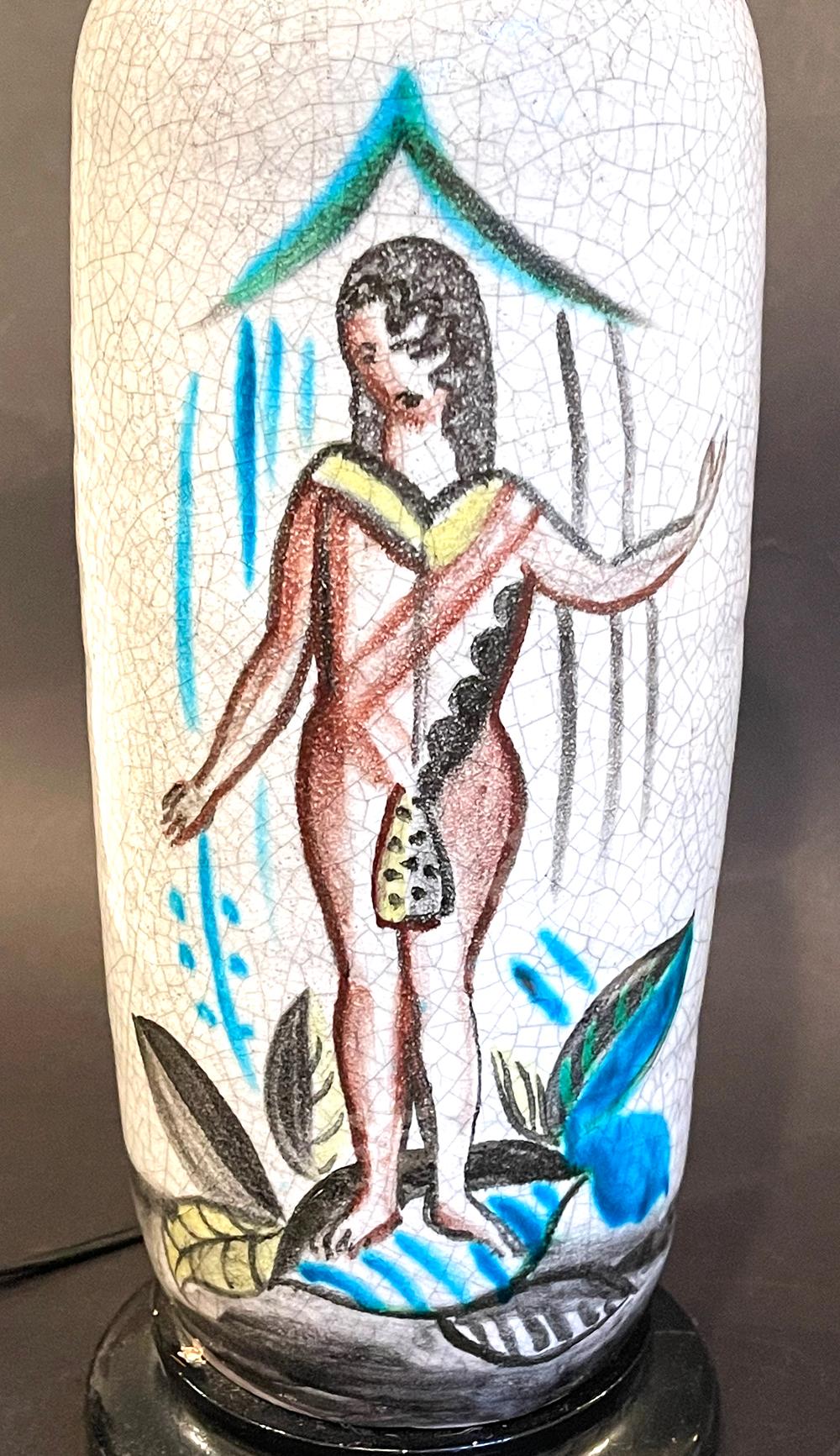 Italian Lamp Base with Pulcinella and Female Nude, Art Deco Ceramic, Ponti Era