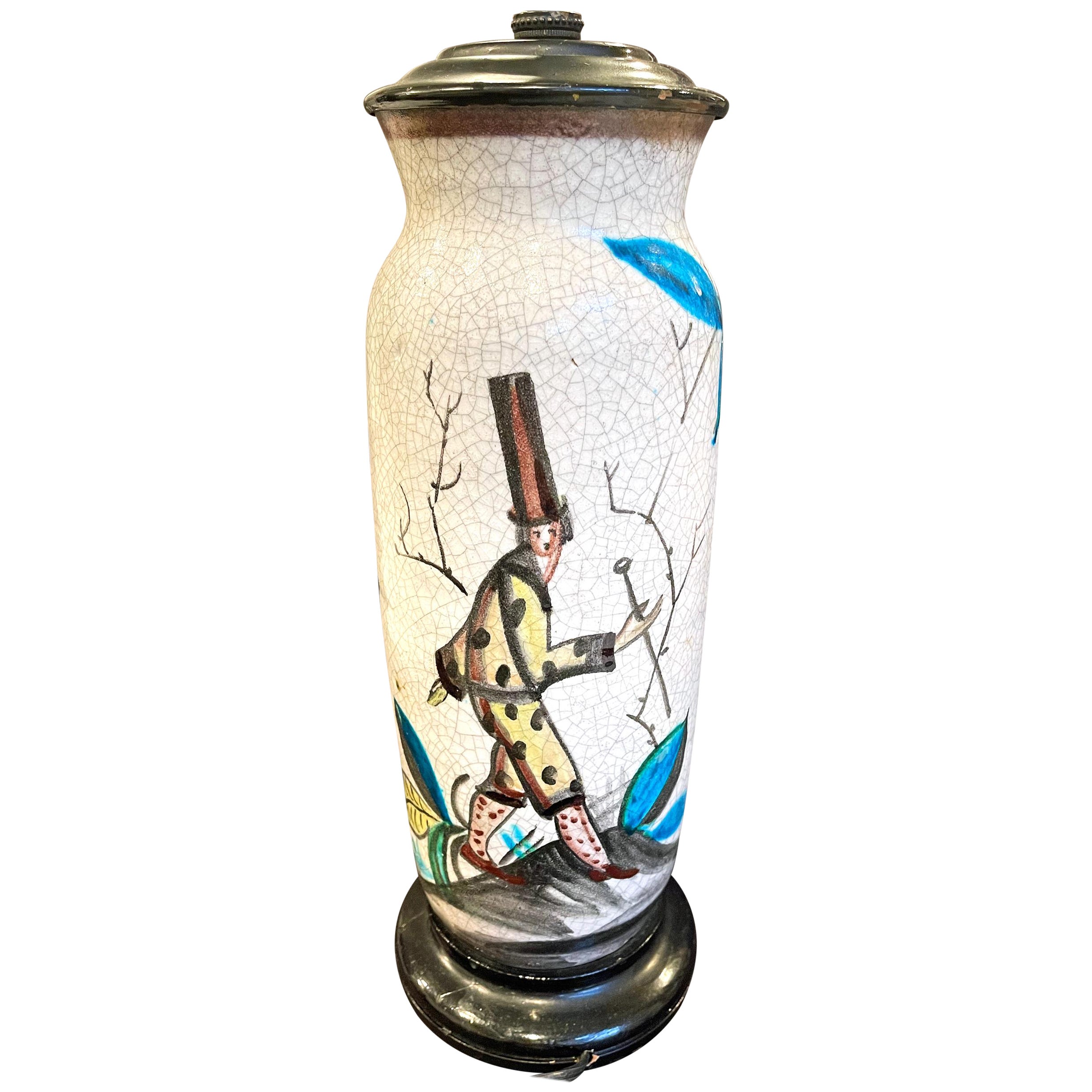 Italian Lamp Base with Pulcinella and Female Nude, Art Deco Ceramic, Ponti Era