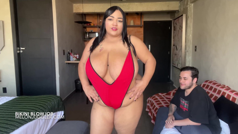 Melon Juggler: Busty BBW Nayara Ledu Models Swimwear and Swallows Cum