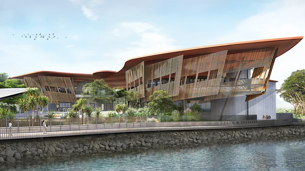 An aerial view of Lucas Museum of Narrative Art, a futuristic building which looks like two flying saucers