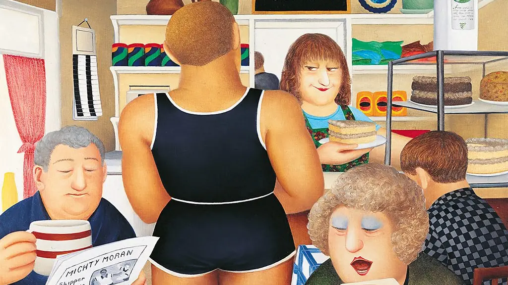 Beryl Cook's painting The Lockyer Tavern showing a busy pub, with a woman in the foreground (Credit: Courtesy of www.ourberylcook.com/ John Cook 2025)