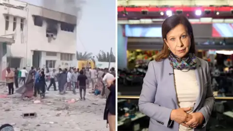 The aftermath of an attack is on the left and Lyse Doucet is on the right.