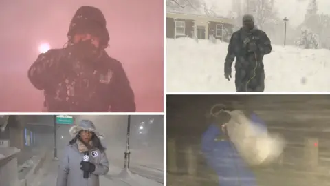 A screen spit in four with four reporters standing in snowy conditions with winter coats on. 