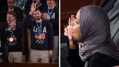 Split screen showing - Men in sweaters with the letters 'USA' and an American flag wave and clap while donning gold medals; and Ilhan Omar shouting with her hand raised to her mouth.