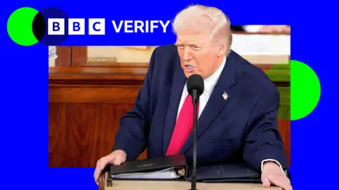 US President Donald Trump speaking while standing at the podium during his State of the Union address to Congress