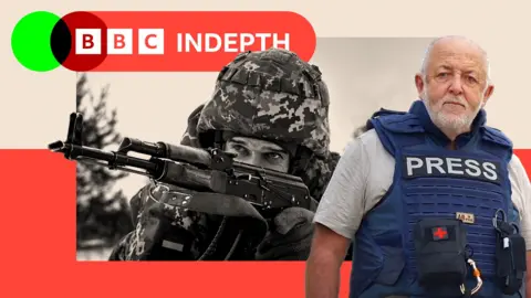  A Ukrainian serviceman practices with an assault rifle, on the right is a different image showing Jeremy Bowen in a blue press vest