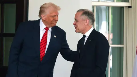 President Trump puts his hand on Prime Minister Mark Carney's shoulder. Carney stands in profile. They are outdorrs and behind them are White House windows. 