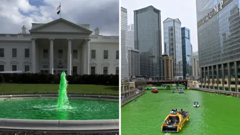 Splitscreen. Left, the white house fountain dyed green. Right, the Chicago river dyed green.