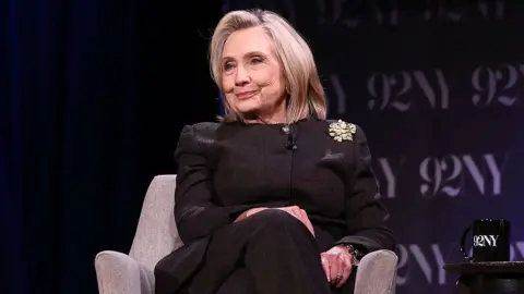 Hillary Clinton speaks on a panel in New York in Octobe 2025
