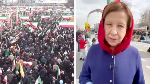 Lyse Doucet in Tehran on left and celebrations on right