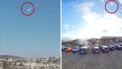 Splitscreen. Both sides, CCTV footage of a meteor streaking through the sky. There are superimposed rings to show the meteor.