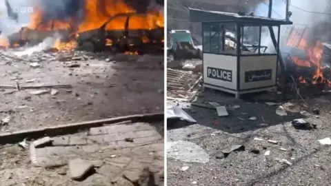 Splitscreen., Left, cars on fire. Right, a police box on fire.