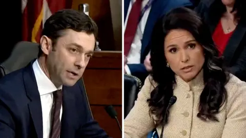 A split screen image with Jon Ossoff on the left and Tulsi Gabbard on the right.