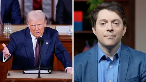 Splitscreen. Left, Trump address Congress. Right, Dan Bush.