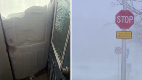 Splitscreen. Left, a door swung open leaves an impression of many metres of snow. Right, a stop sign in a whiteout.
