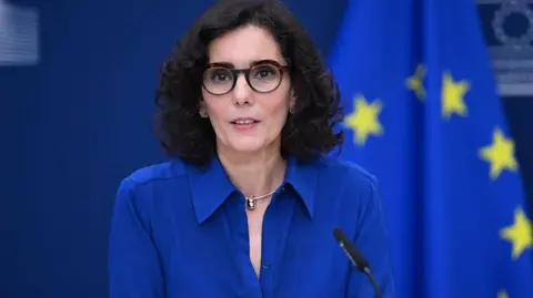 A woman with dark hair and a blue shirt speaks in front of a blue and yellow flag
