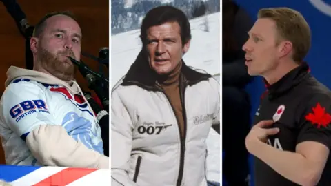A fan playing bagpipes, Roger Moore as James Bond, and Marc Kennedy