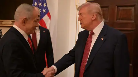 Benjamin Netanyahu (L) shakes hands with Donald Trump (R) at the White House 