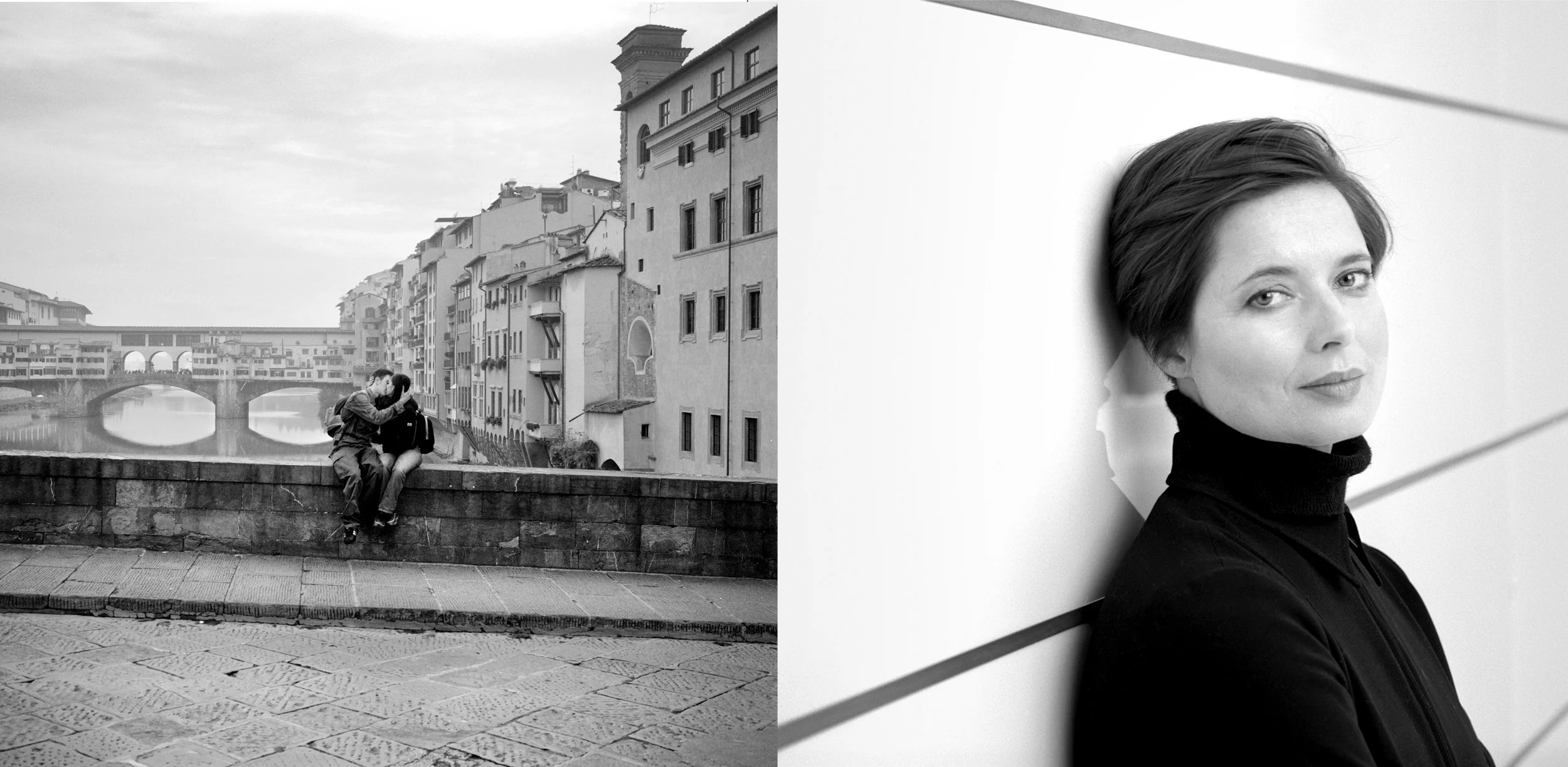 A split image with the left side showing two people kissing on a stone ledge overlooking a river and historic buildings in a city, all in black and white; the right side shows a close-up of a woman with short hair, wearing a black turtleneck, slightl