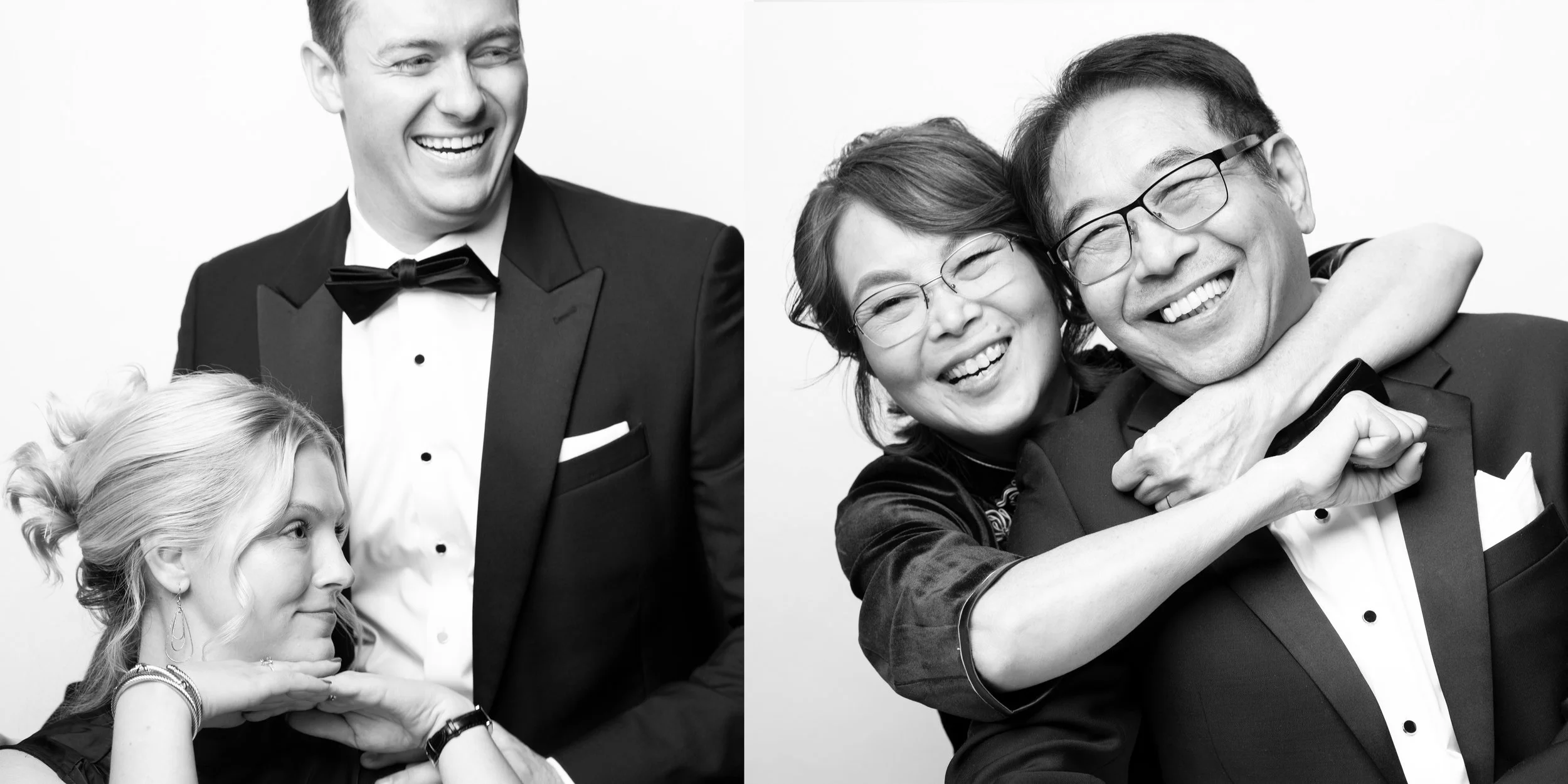 Black and white photo of two groups of people enjoying themselves. On the left, a young woman with blonde hair posing with her hands under her chin, looking up at a smiling man in a tuxedo. On the right, an older woman and man in tuxedos, laughing an