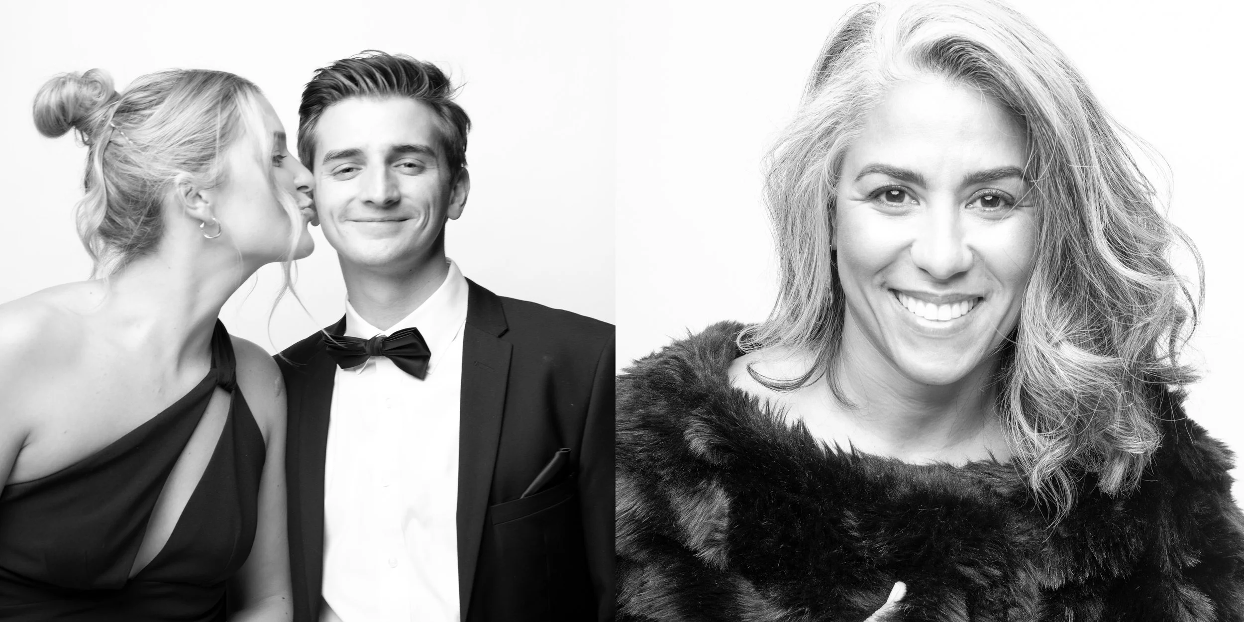 Black and white photo of a woman smiling, wearing a fur coat, and a man in a tuxedo with a bow tie, on the left side a woman leaning in to give a kiss, in a studio setting.