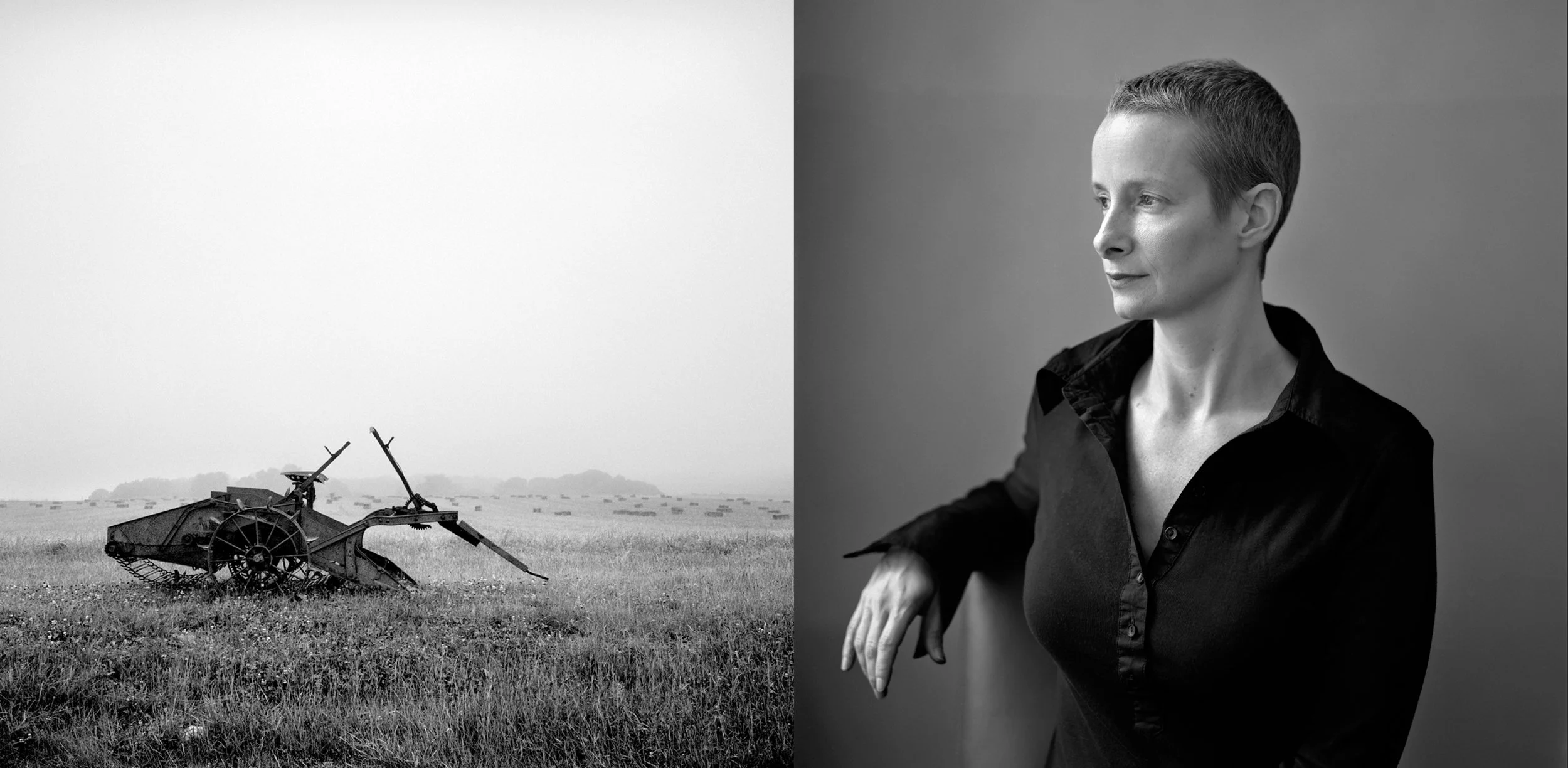A black-and-white side-by-side image featuring an abandoned tractor in a field on the left and a woman with short hair wearing a dark button-up shirt on the right.