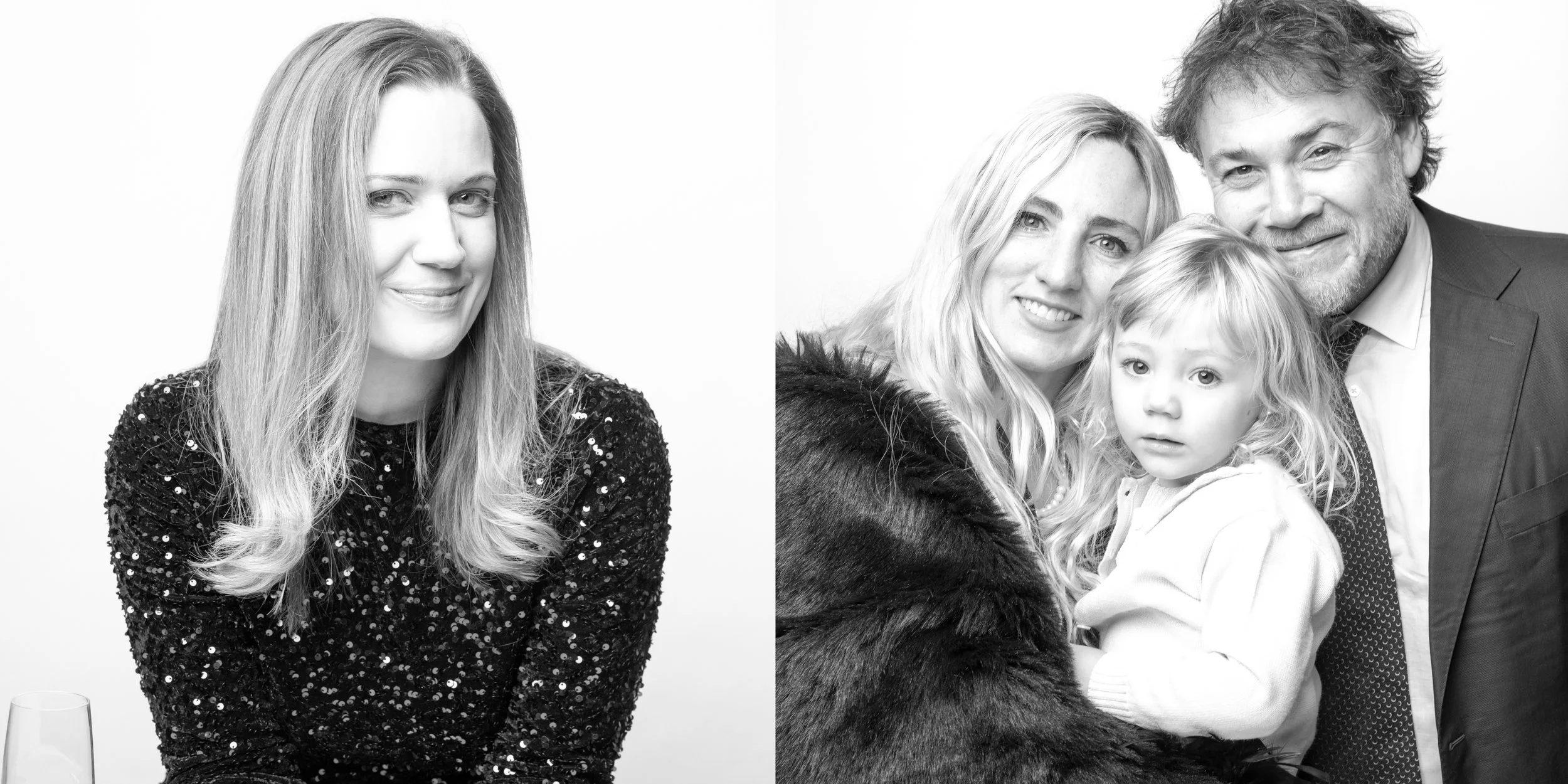 Black and white photographs of a woman, and a woman with a man and a young girl. The woman is smiling in the first photo and is dressed in a sequined top with long wavy hair. The group photo includes the woman, a man with curly hair and a beard, and 