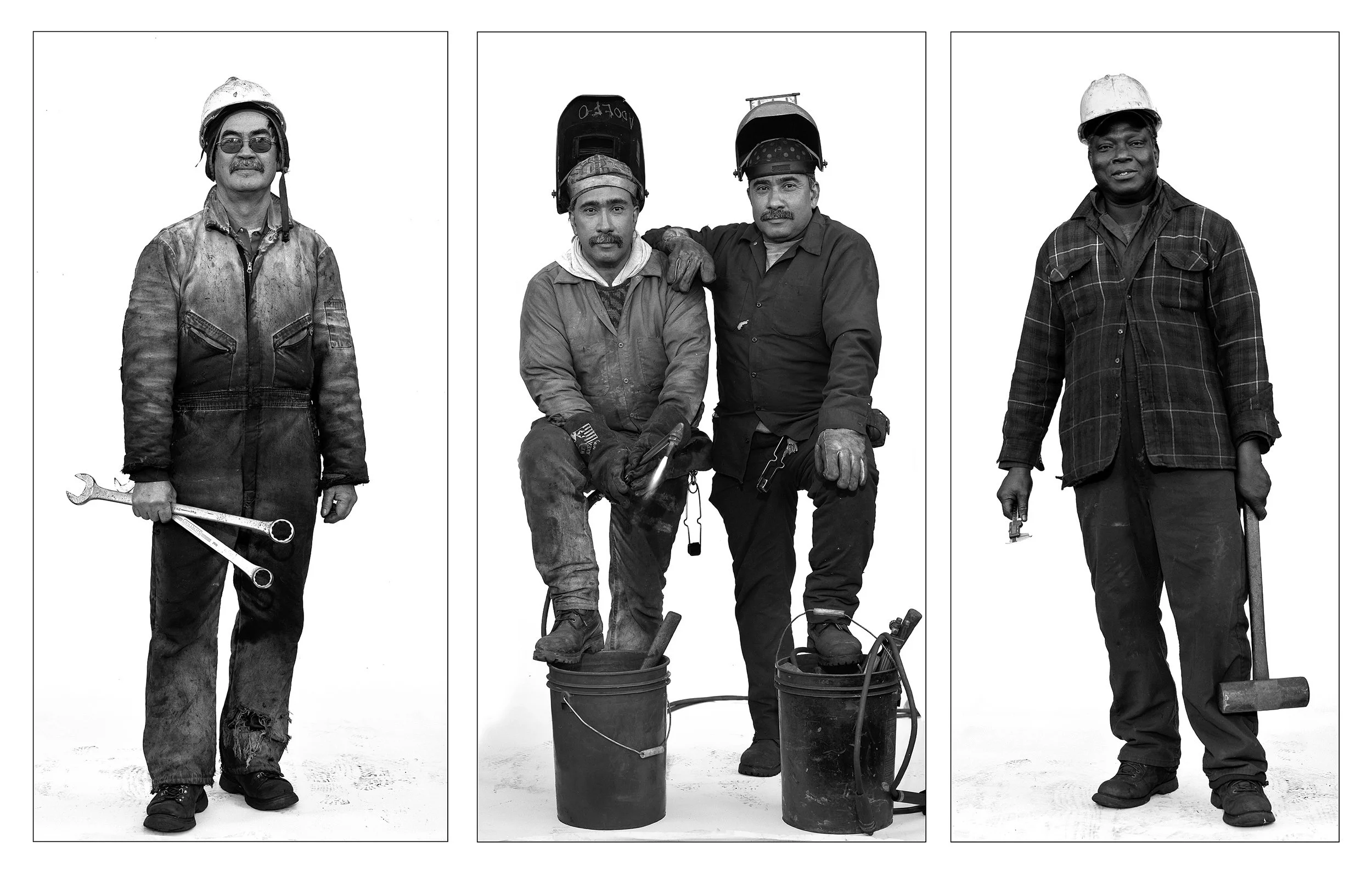 Three black and white photos of male construction workers in safety gear, holding tools, posing against a white background.