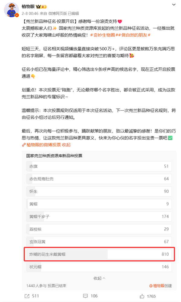 专家委托给新品种兜兰征名 “炸糊的花生米戴黄帽”高居第一