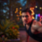 An average man doing press-ups and looking at the camera in a neon lit garden. make the im