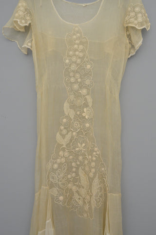 1920s 30s Deco Flapper Dress Gown | Sheer Gauzy Embroidered Organza + Netting Gown | Flapper Wedding Dress
