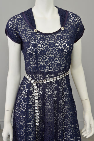 1940s Navy Blue Embroidered Lace Dress