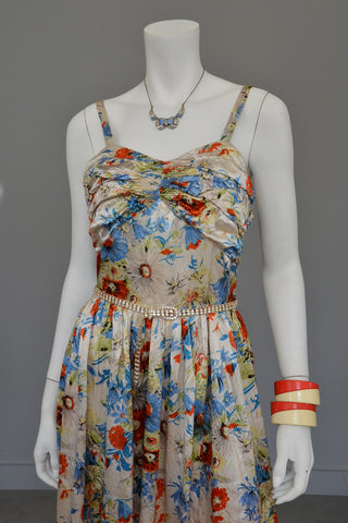 Vintage 1930s Floral Satin Gathered Bust Evening Gown