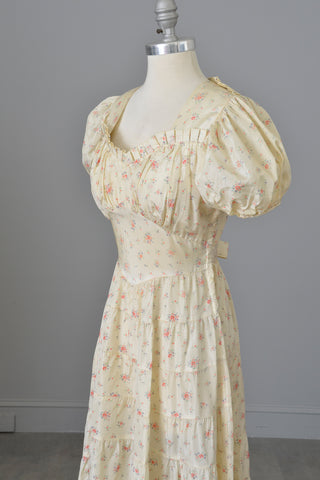 1930's Peasant Dress Tiny Flowers, Puff Sleeves, Full Tiered Skirt | Cottagecore Dress