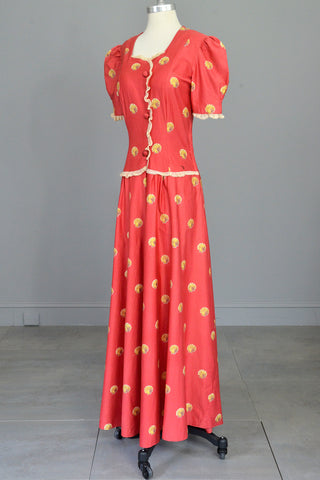 1930s Seashell Novelty Print Puff Sleeve Peasant Folk Dress Gown
