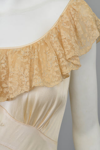 1930s Cream Silk Satin Lace Gown | Lace Flounce Negligee Gown Slip Suzie Dress