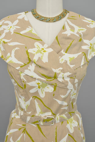 1940s 50s Taupe Novelty Lily Print Wiggle Dress
