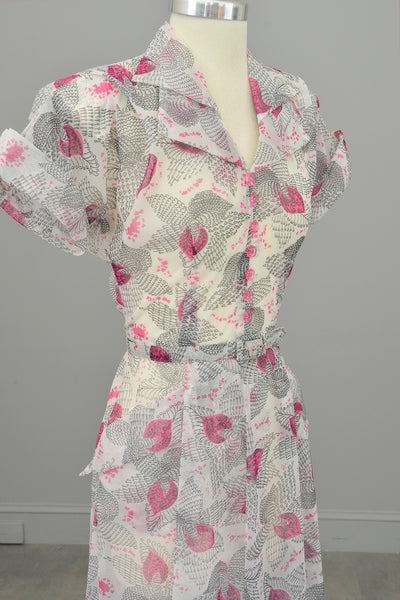 1940s Hot Pink Retro Novelty Print Dress w Pockets + Double Collar