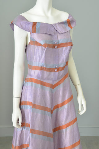 1940s 50s Lilac and Copper Metallic Chevron Jumper Style Gown
