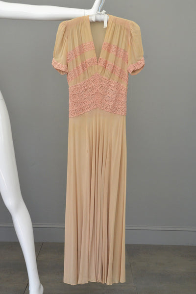 1930s Glamour Gown | Pink Embroidered Lace Ecru Rayon Crepe Deco Gown