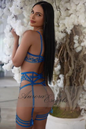Flawless brunette in sexy blue lingerie looking over her shoulder